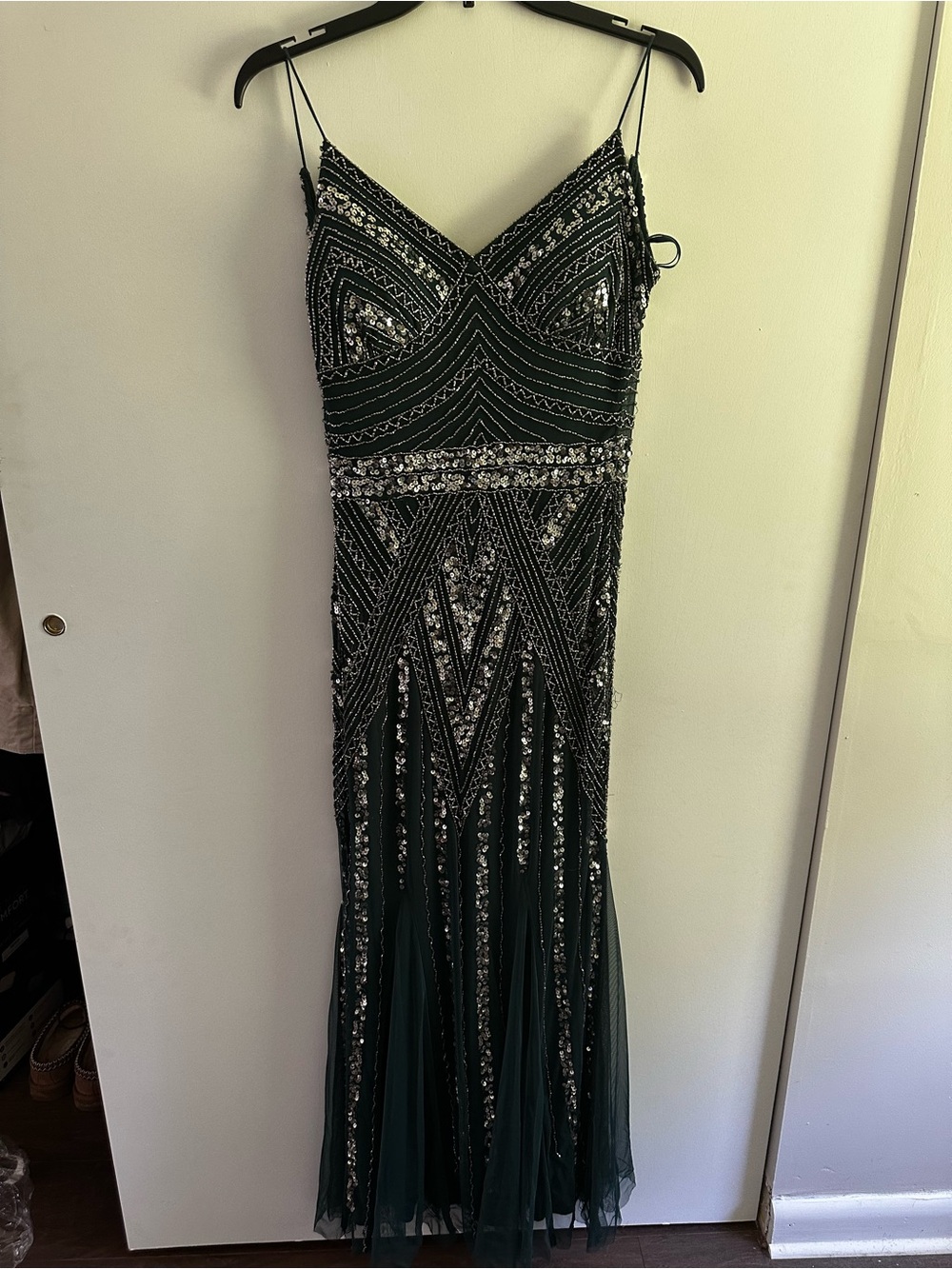 MARINA Emerald Green Beaded Spaghetti Strap Maxi Dress